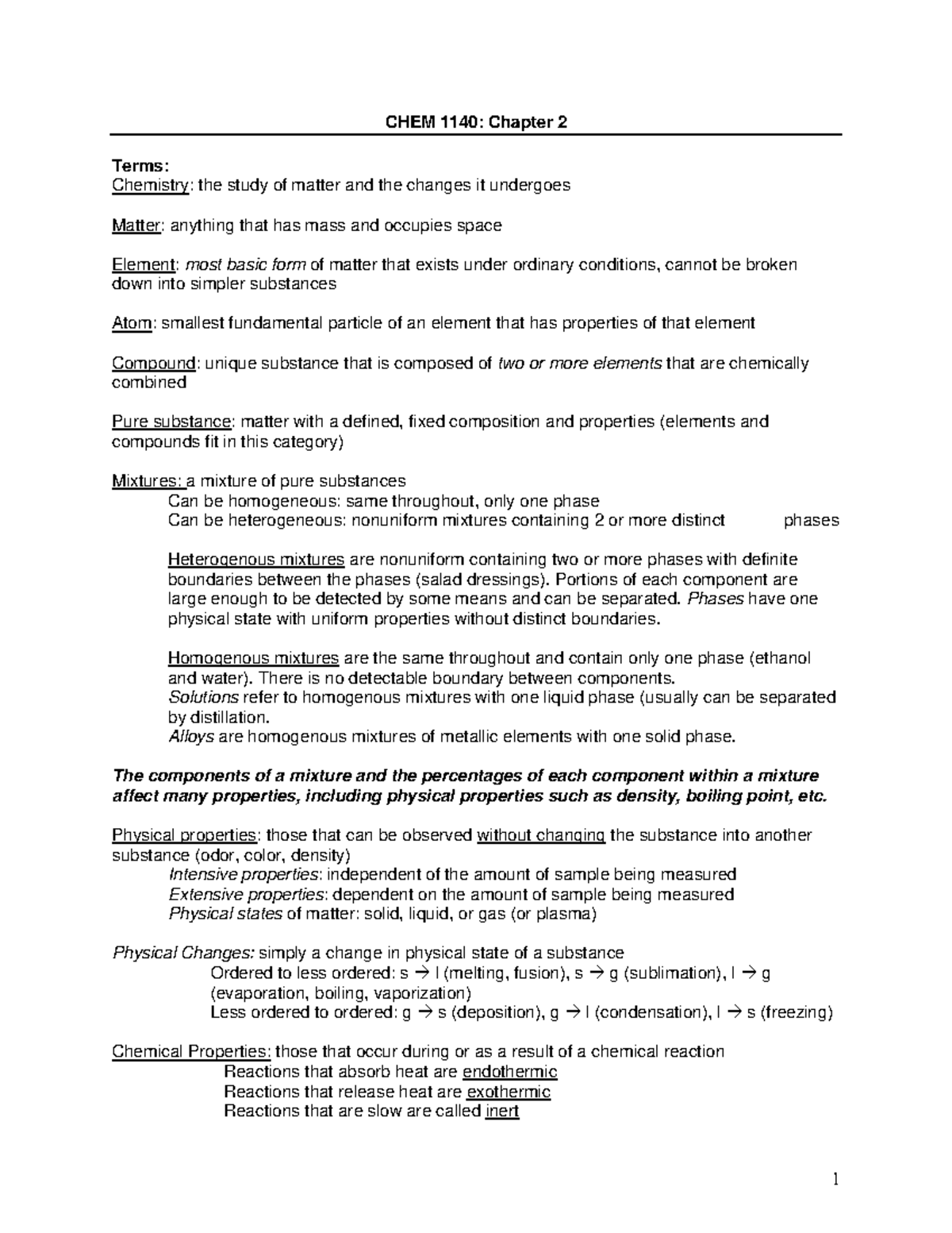 CHEM 1140: Study Guide for Chapter 2 - Matter and Energy Concepts - Studocu