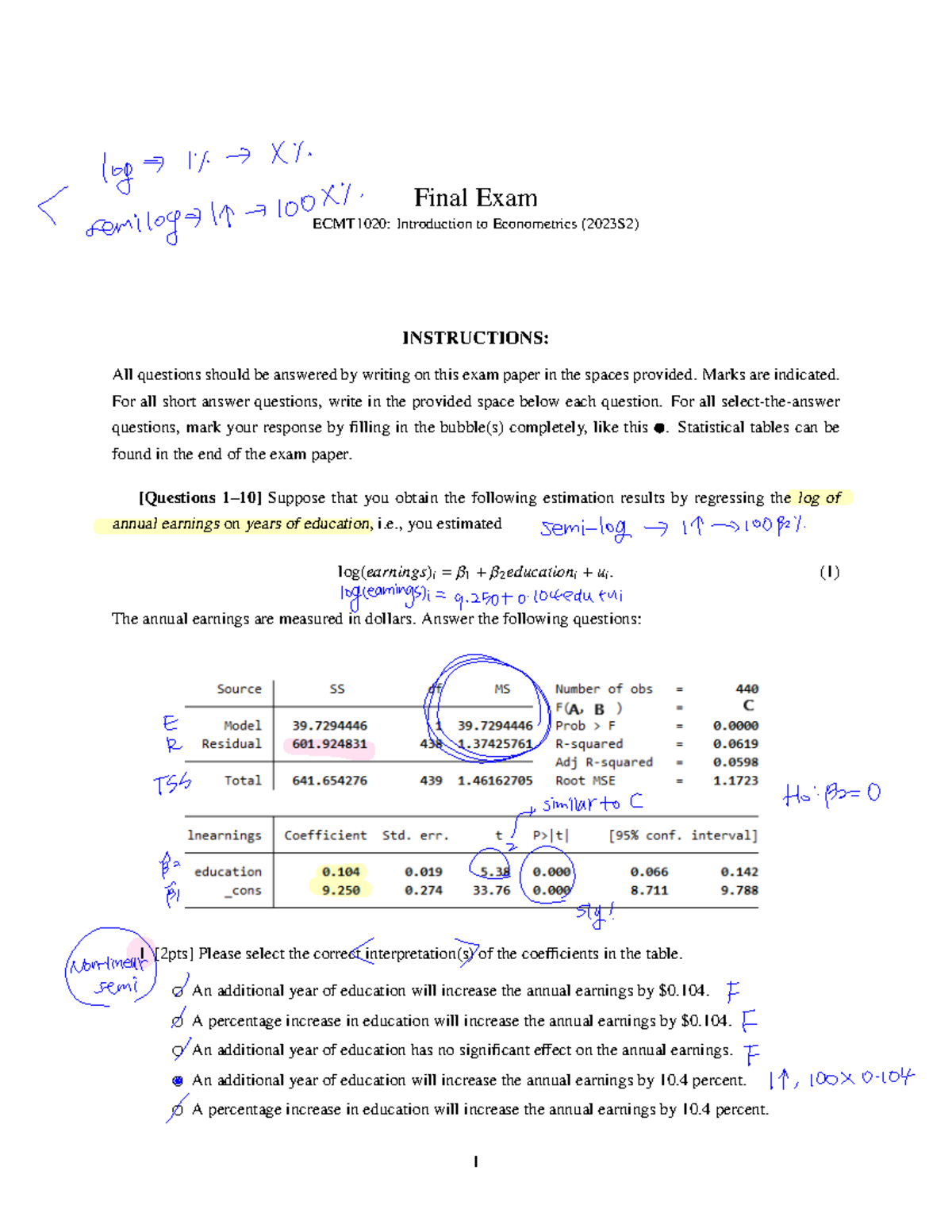 2023S2 ECMT1020 Final Exam Practice: Econometrics Concepts & Questions ...
