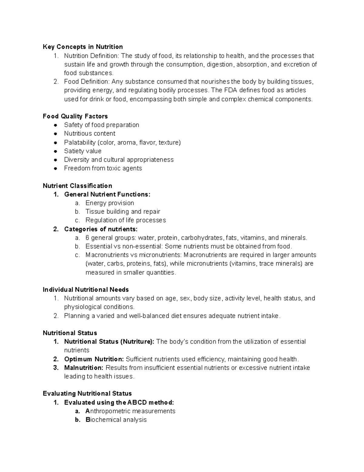 Nutri Lec Summary - Key Concepts in Nutrition 1. Nutrition Definition ...