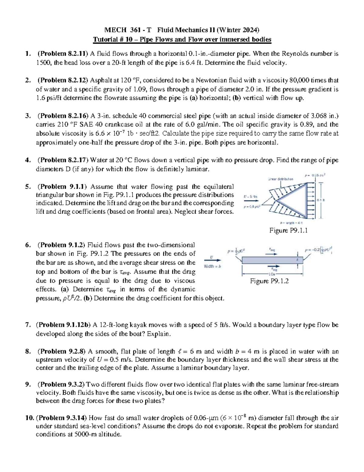 MECH 361 T Fluid Mechanics II (Winter 2024) Tutorial 10: Pipe & Flow ...