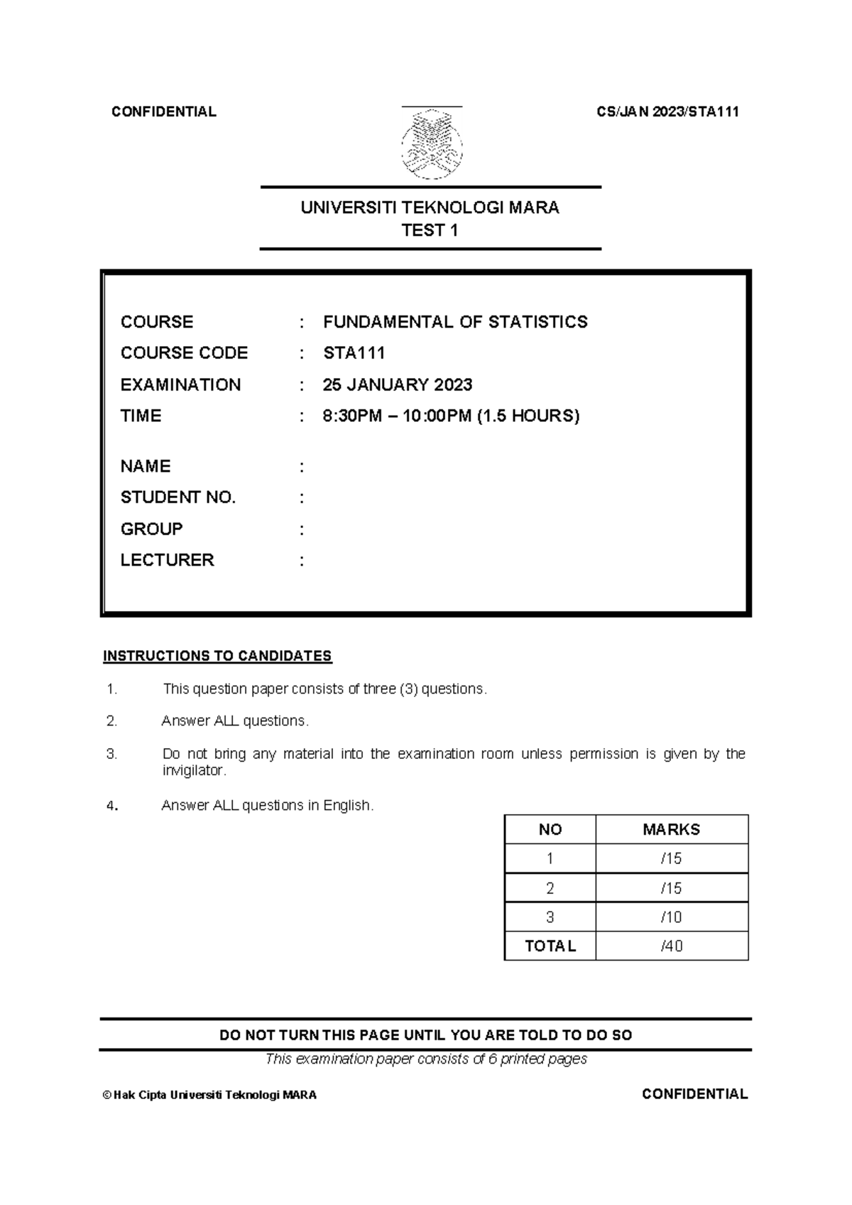 TEST STA111: FUNDAMENTAL OF STATISTICS - EXAMINATION PAPER - Studocu