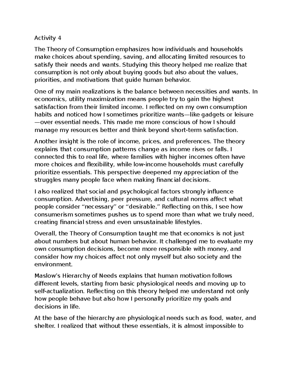 Reflection on Consumption Theory and Personal Insights - Studocu