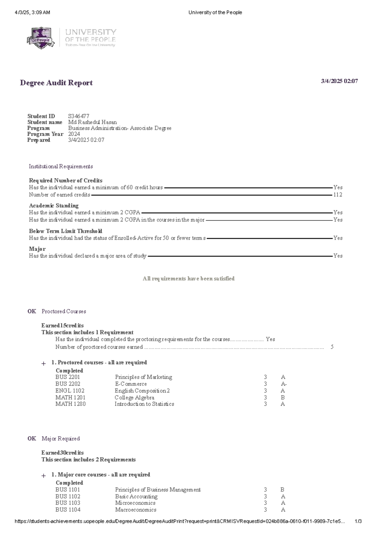 Degree Audit Report for Business Associate Degree (S346477) 2024 - Studocu