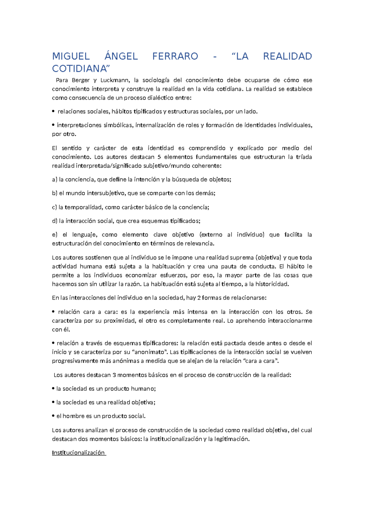 Resumen del Primer Parcial: Construcción Social de la Realidad en ...