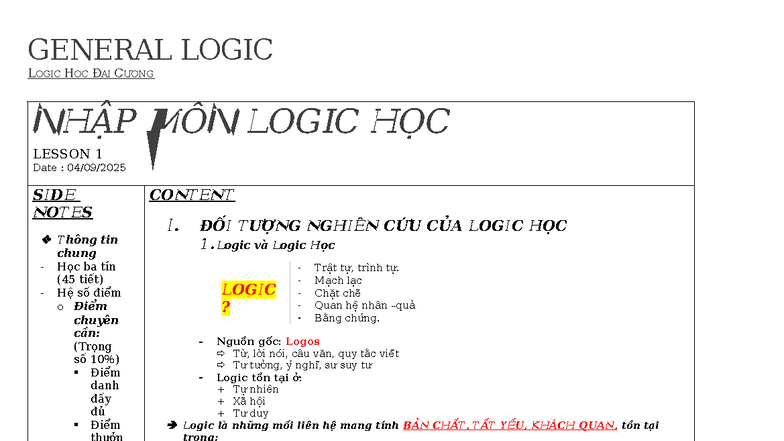 GENERAL LOGIC LOGIC HỌC ĐẠI CƯƠNG - Lesson Notes - Studocu