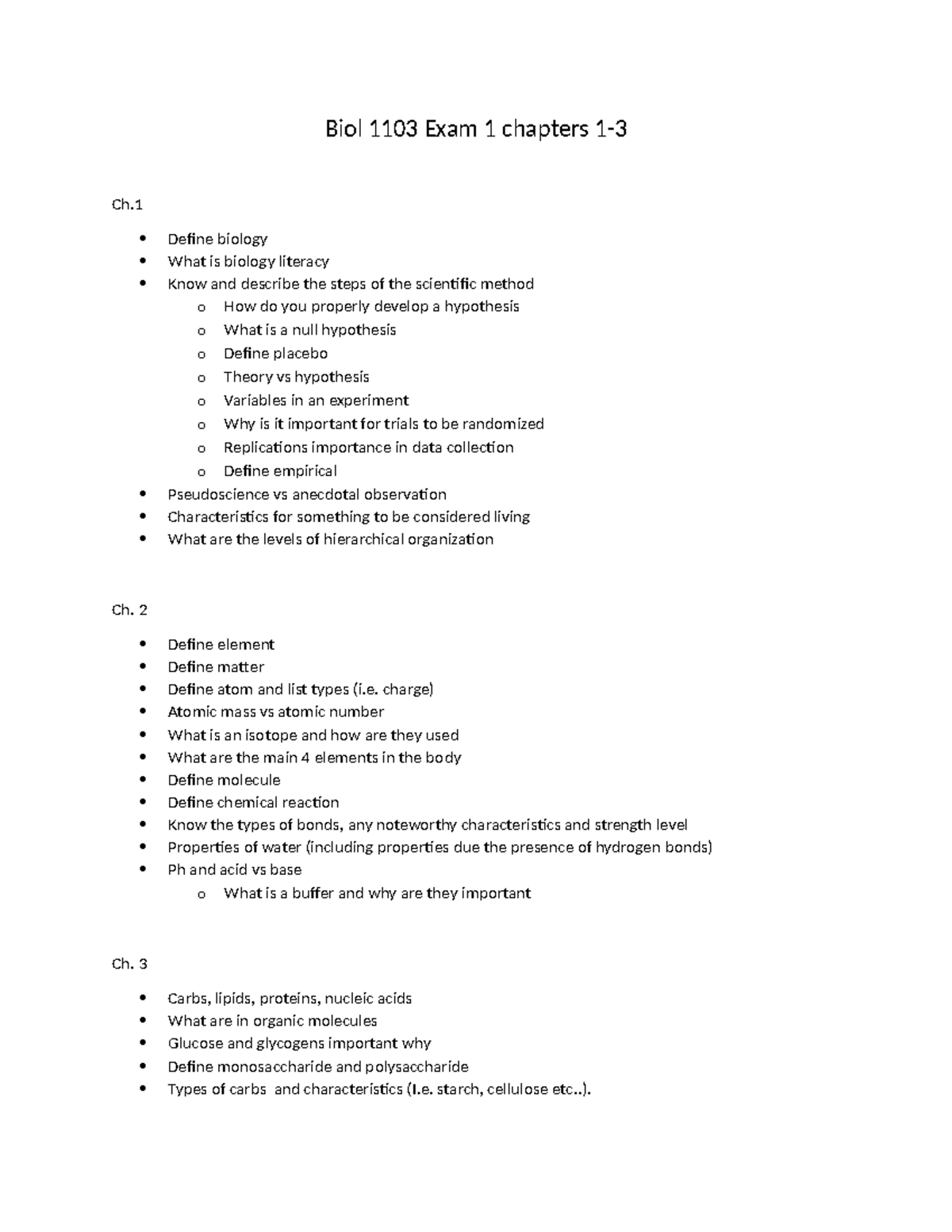 Biol 1103 Final Exam Study Guide: Key Concepts from Chapters 1-3 - Studocu