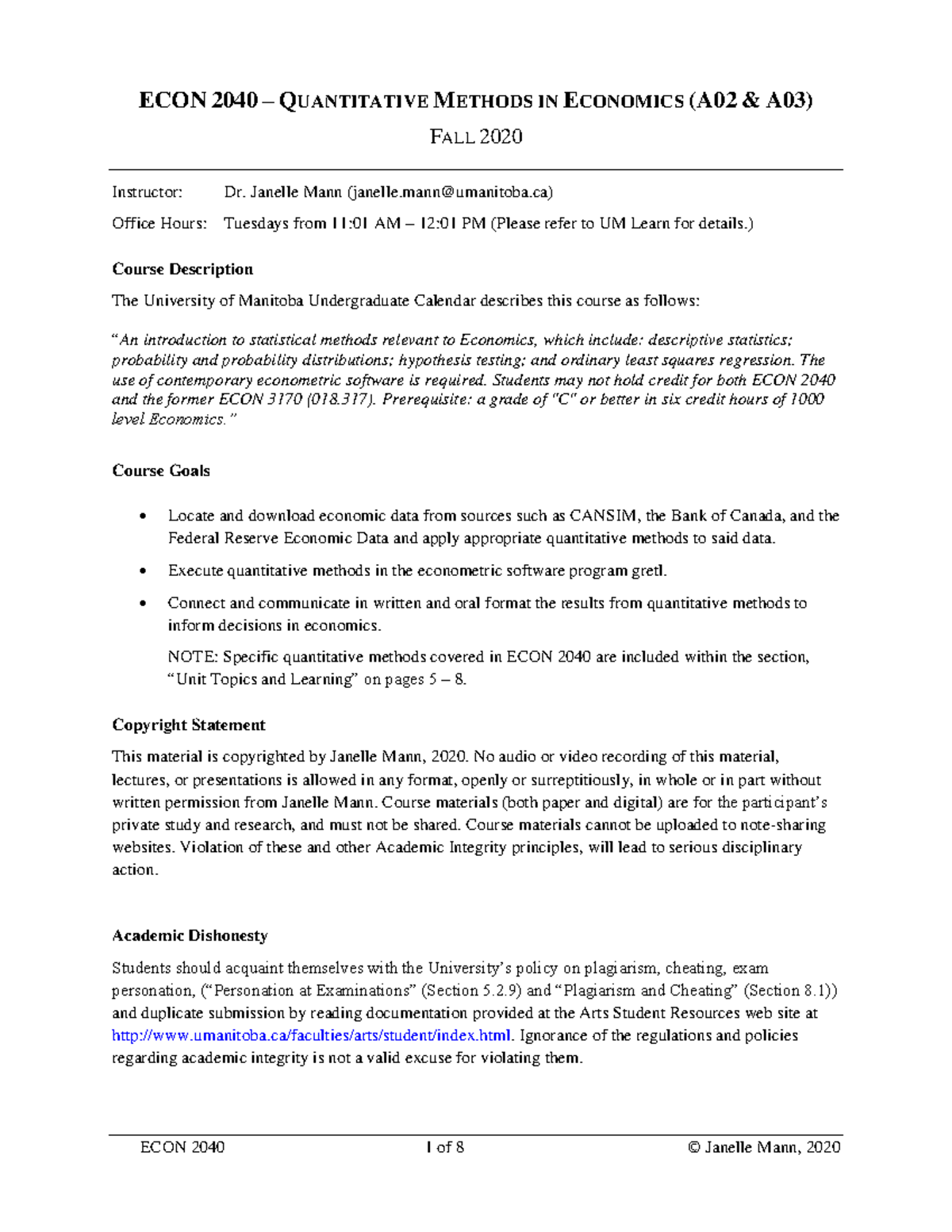 ECON 2040 - Quantitative Methods in Economics Course Information Guide ...
