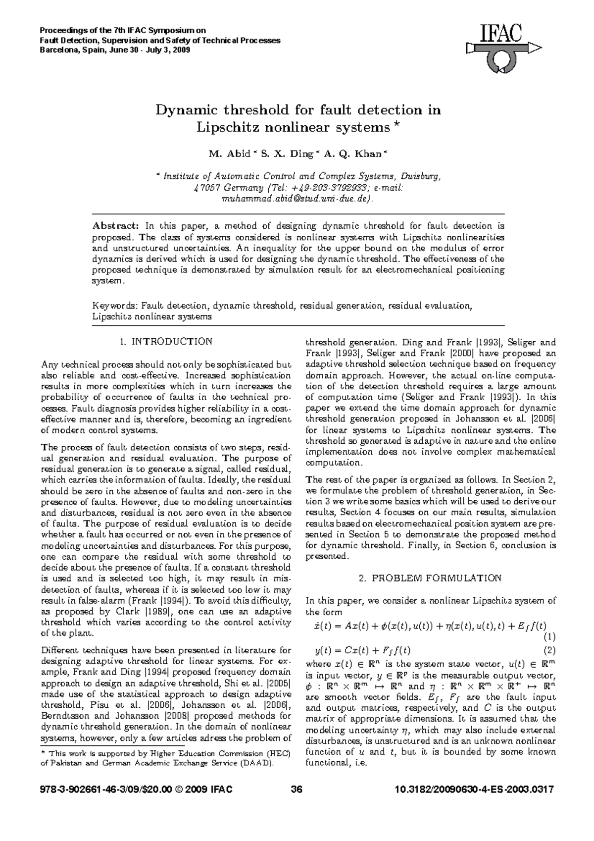 Dynamic Threshold Design for Fault Detection in Lipschitz Systems - Studocu