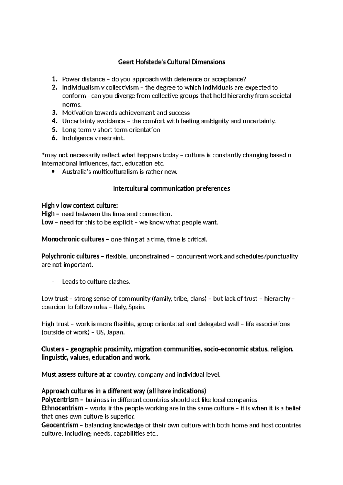 Culture Week 3 - Lecture Notes on Geert's Cultural Dimensions - Studocu