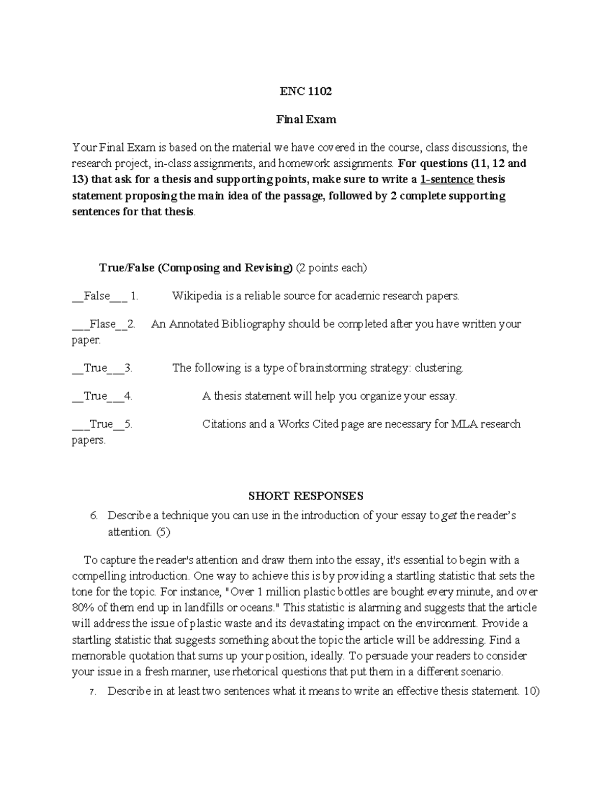 ENC 1102 Final Exam Study Guide: Thesis & Essay Writing Techniques ...