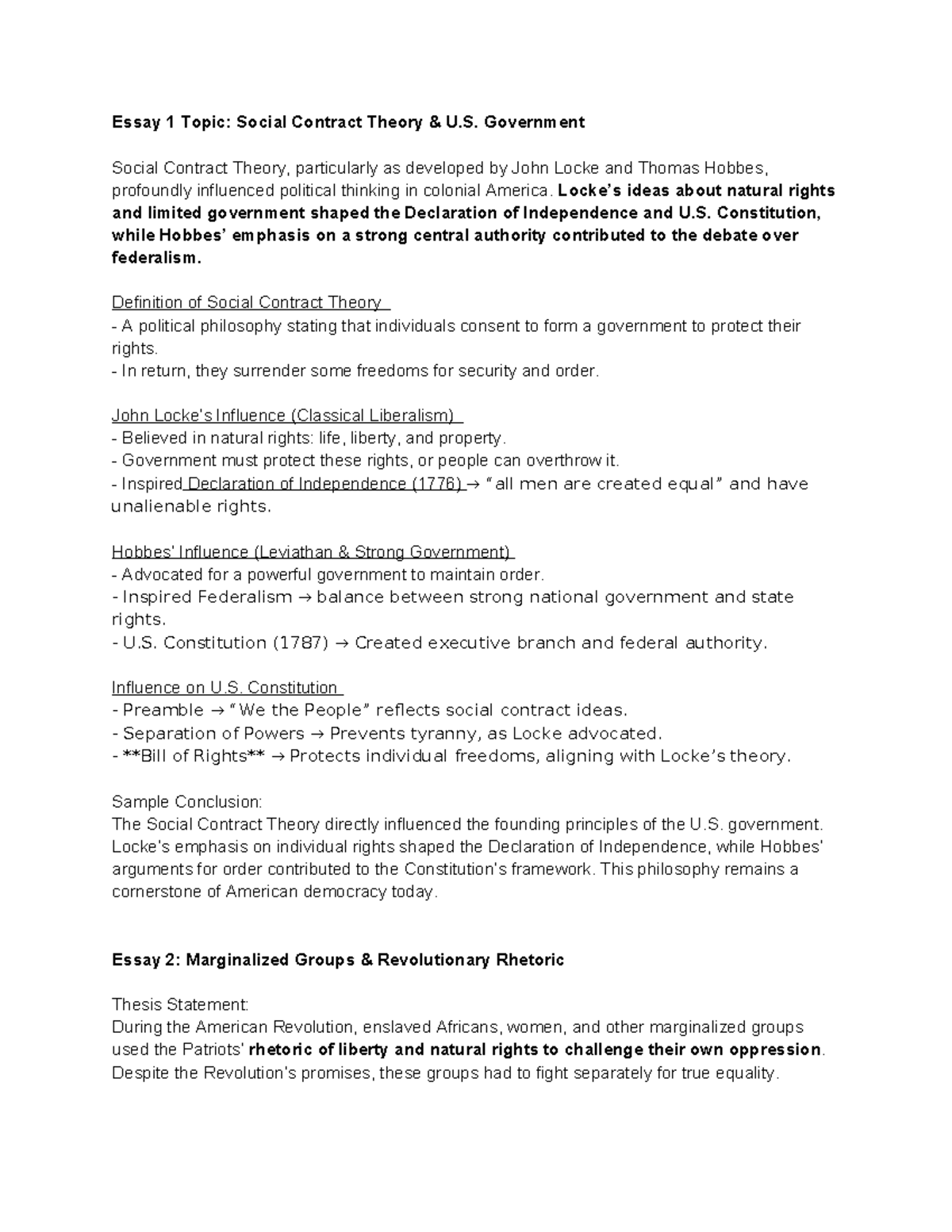 COR 100-2 - Essay Topics: Social Contract Theory & Revolutionary ...