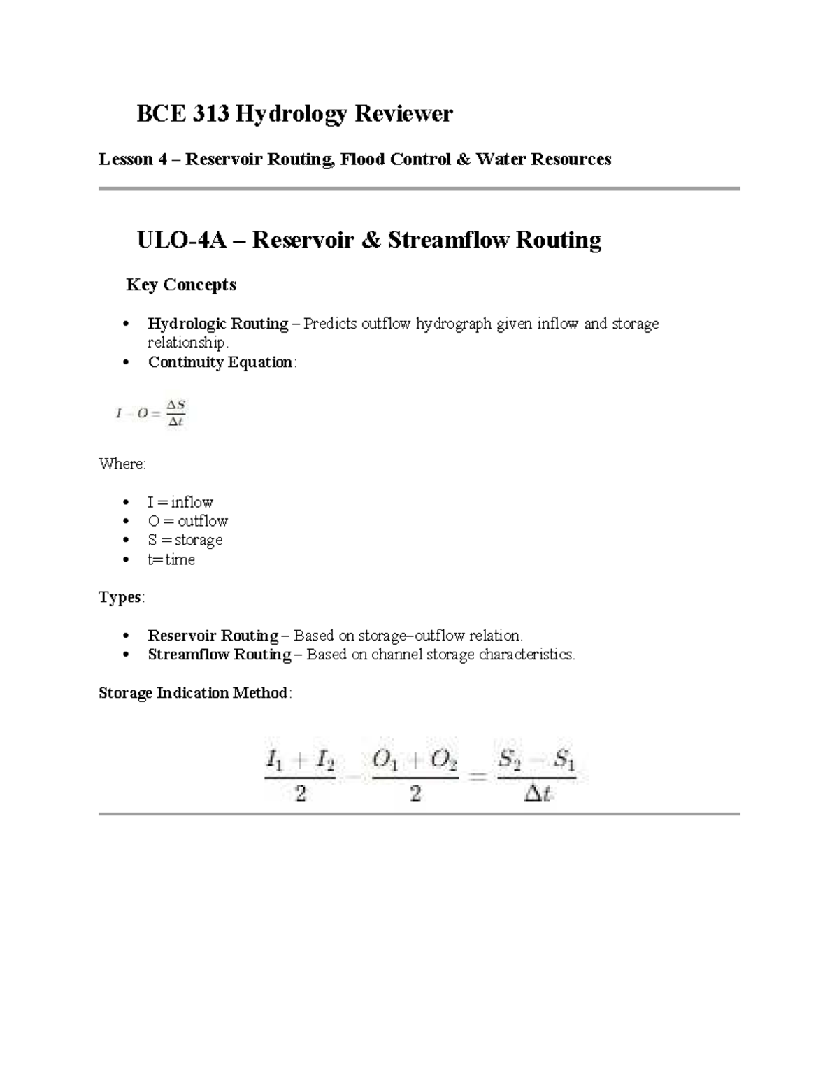 BCE 313 Hydrology Reviewer: Lesson 4 on Reservoir Routing & Flood ...