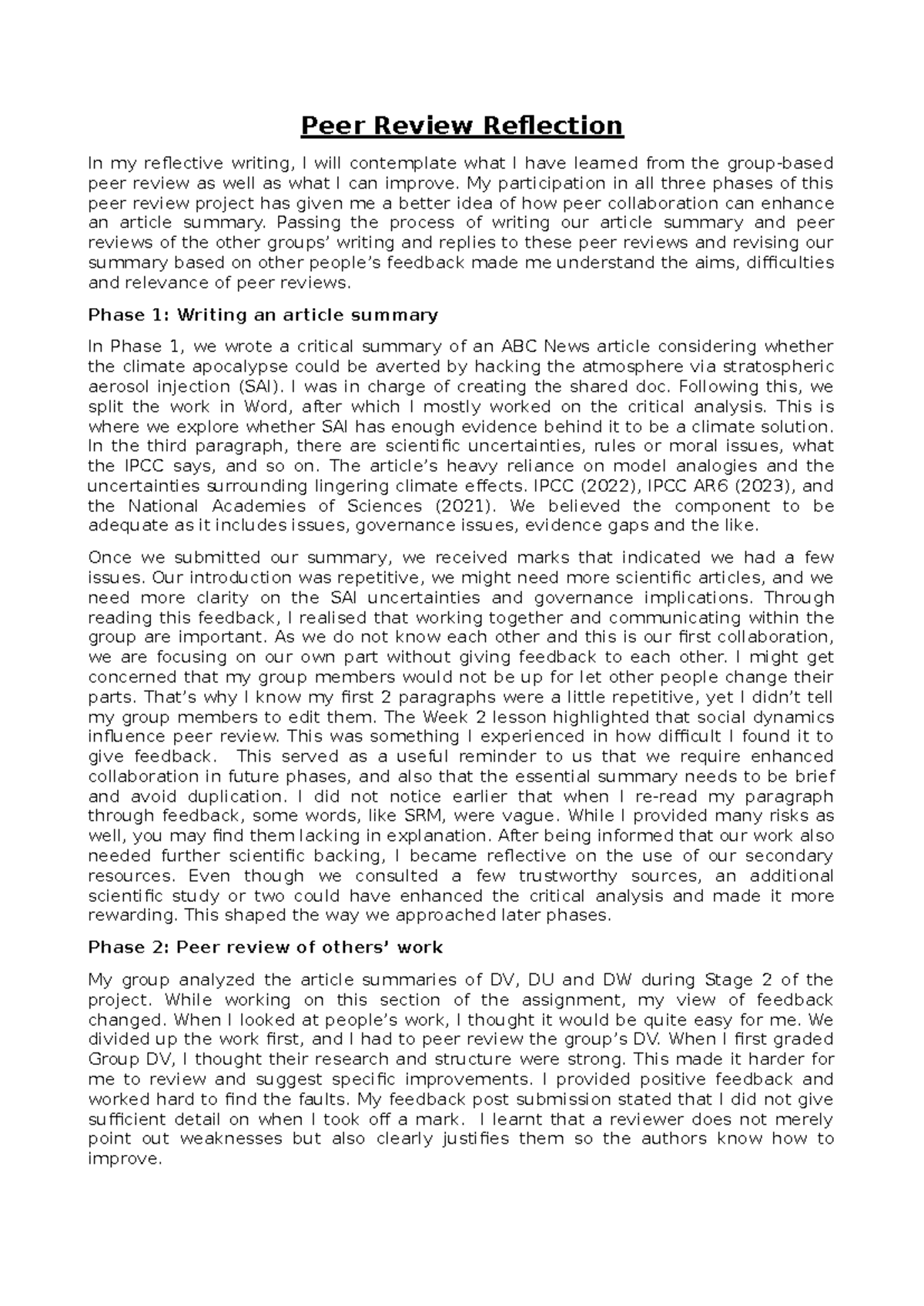 Peer Review Reflection: Insights and Improvements from Collaboration ...