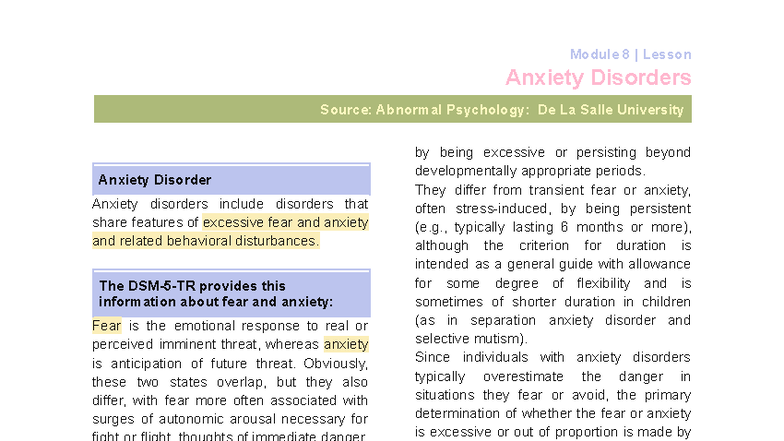 AbPsych 8: Overview of Anxiety Disorders and Their Features - Studocu