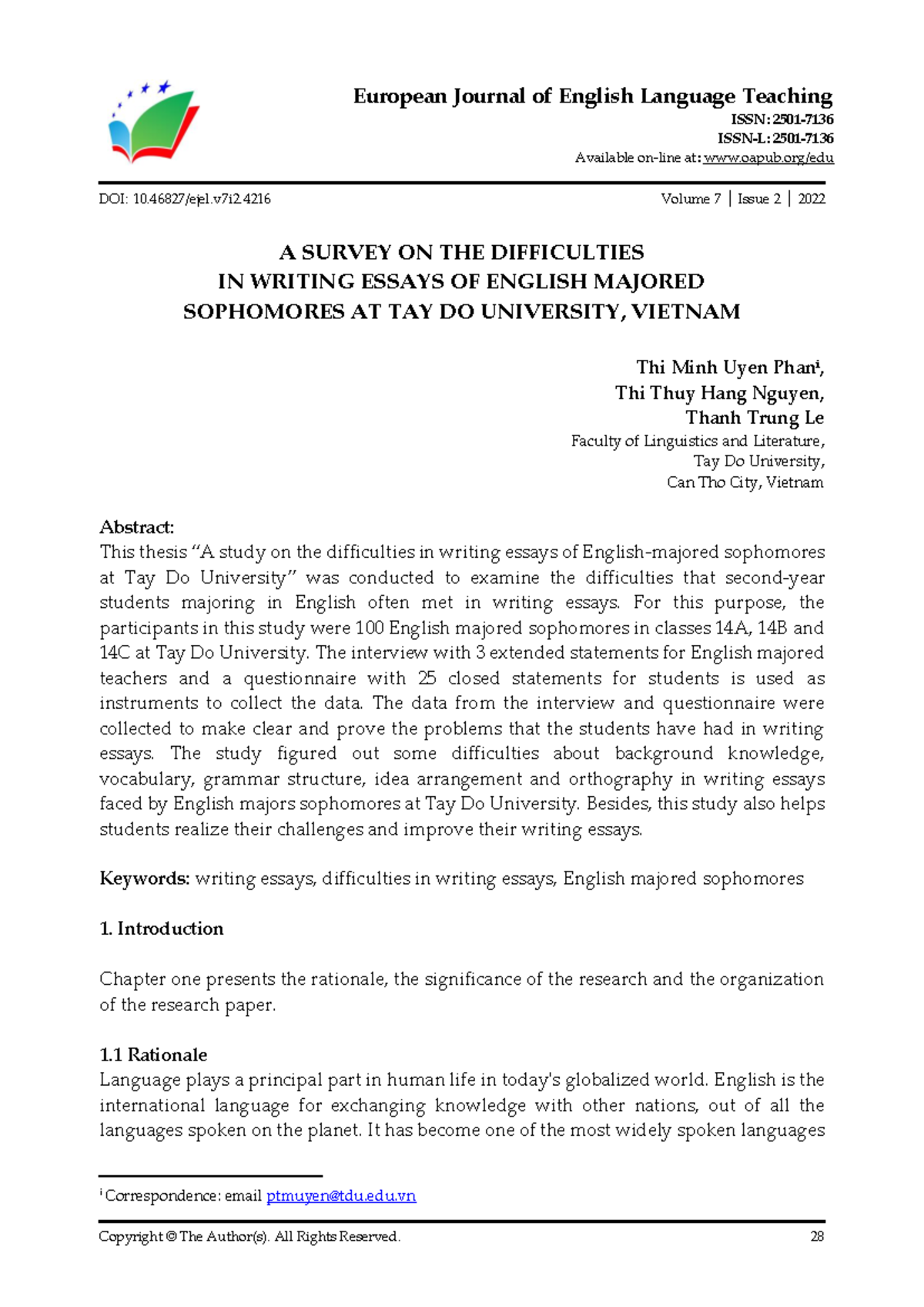 Difficulties in Writing Essays: A Survey of English Majors at Tay Do ...