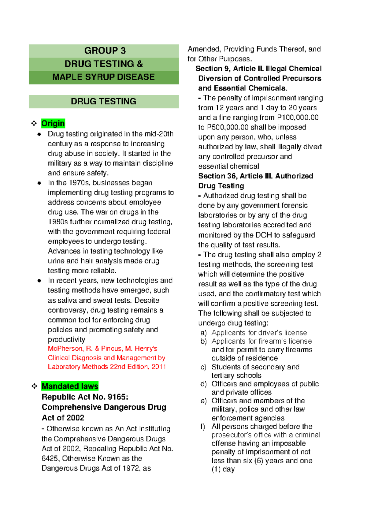 1G - Group 3: Overview of Drug Testing & Maple Syrup Disease - Studocu