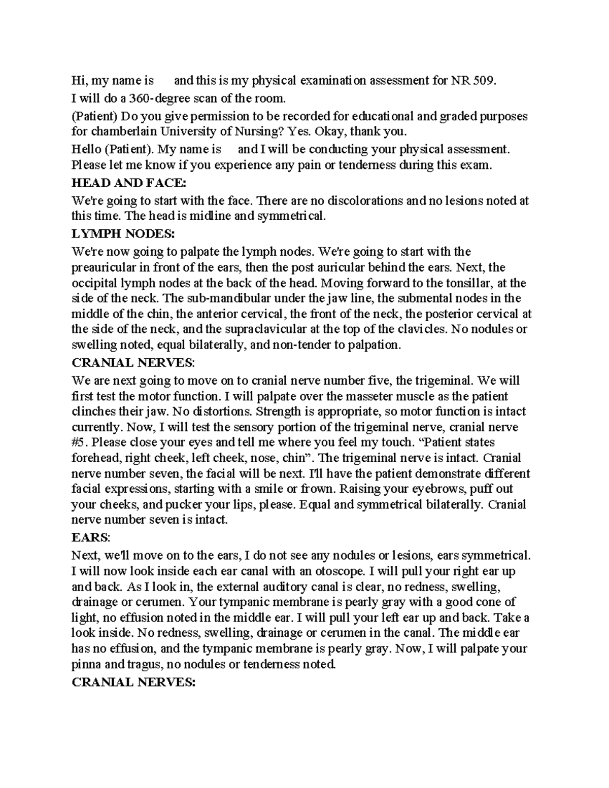 Physical Assessment Report for NR 509 - Studocu