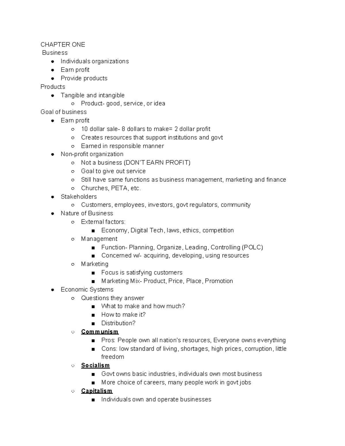 Business Notes - overview of the chapters discussed in lectures ...