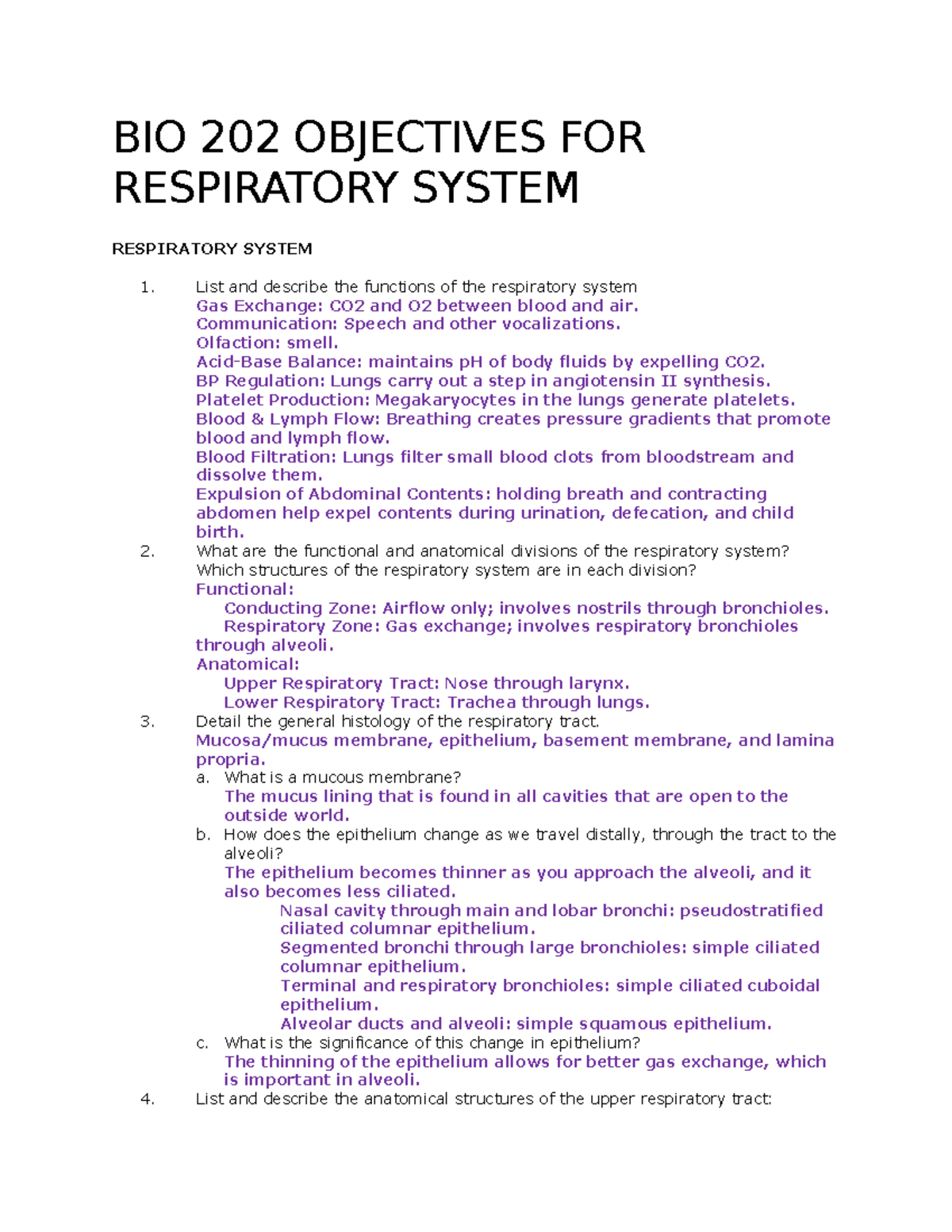 BIO 202 Exam 3: Respiratory System Objectives and Functions - Studocu