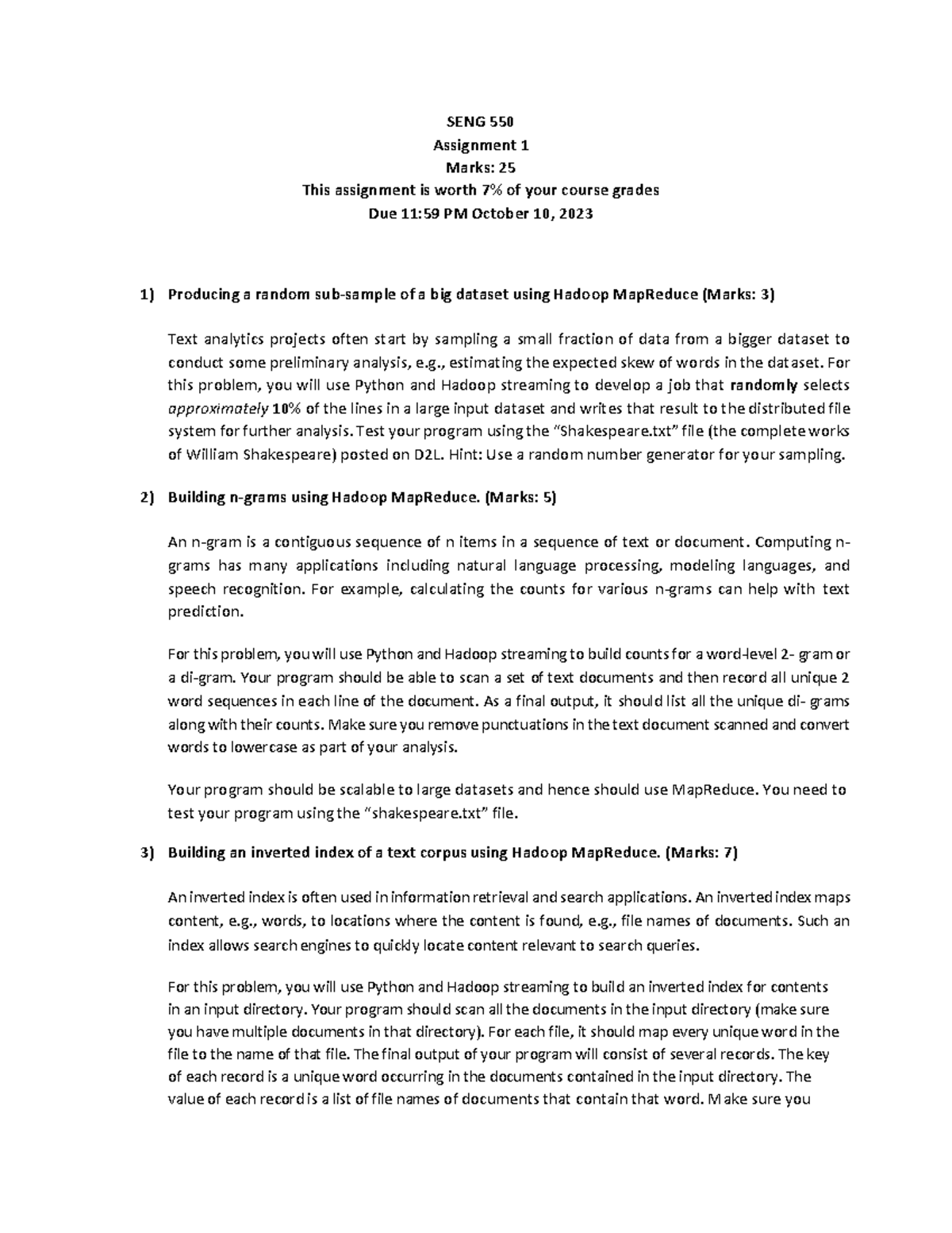 SENG 550 Fall 2023 Assignment 1: Hadoop MapReduce Tasks - Studocu