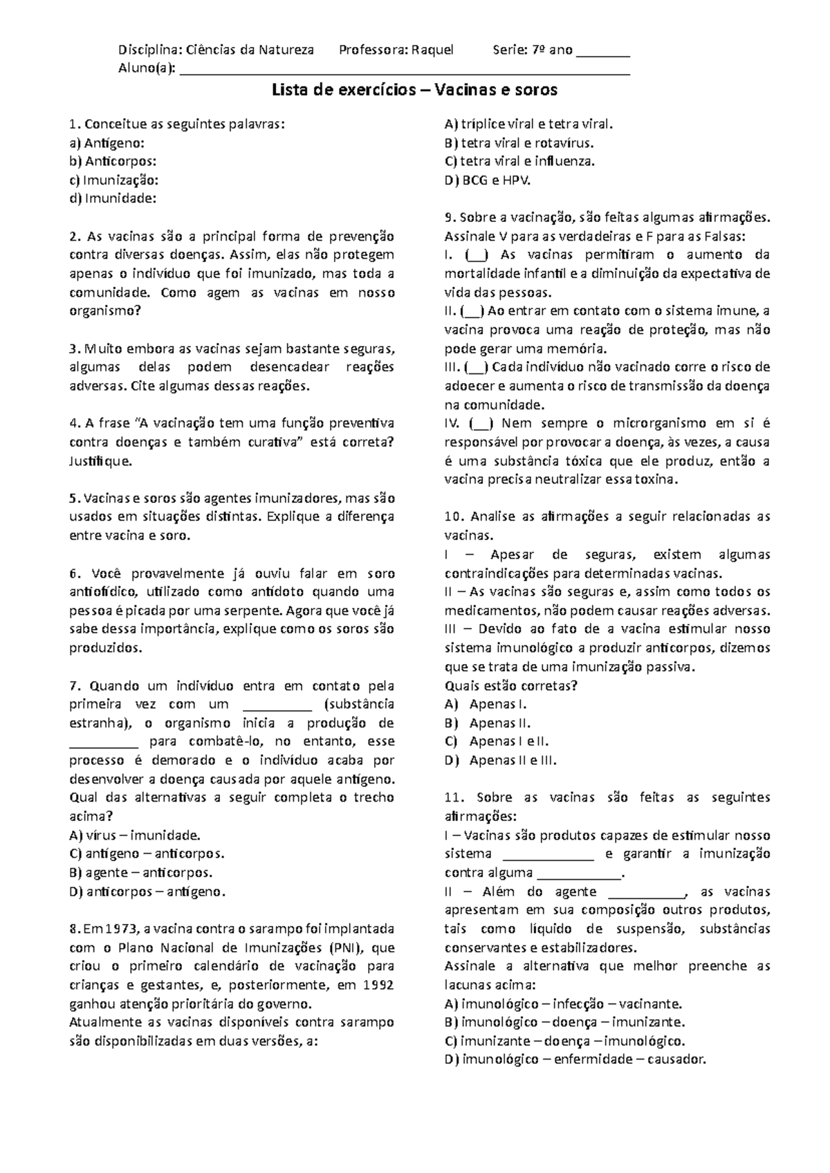 Atividade de Exercícios sobre Vacinas - 7º Ano - Studocu