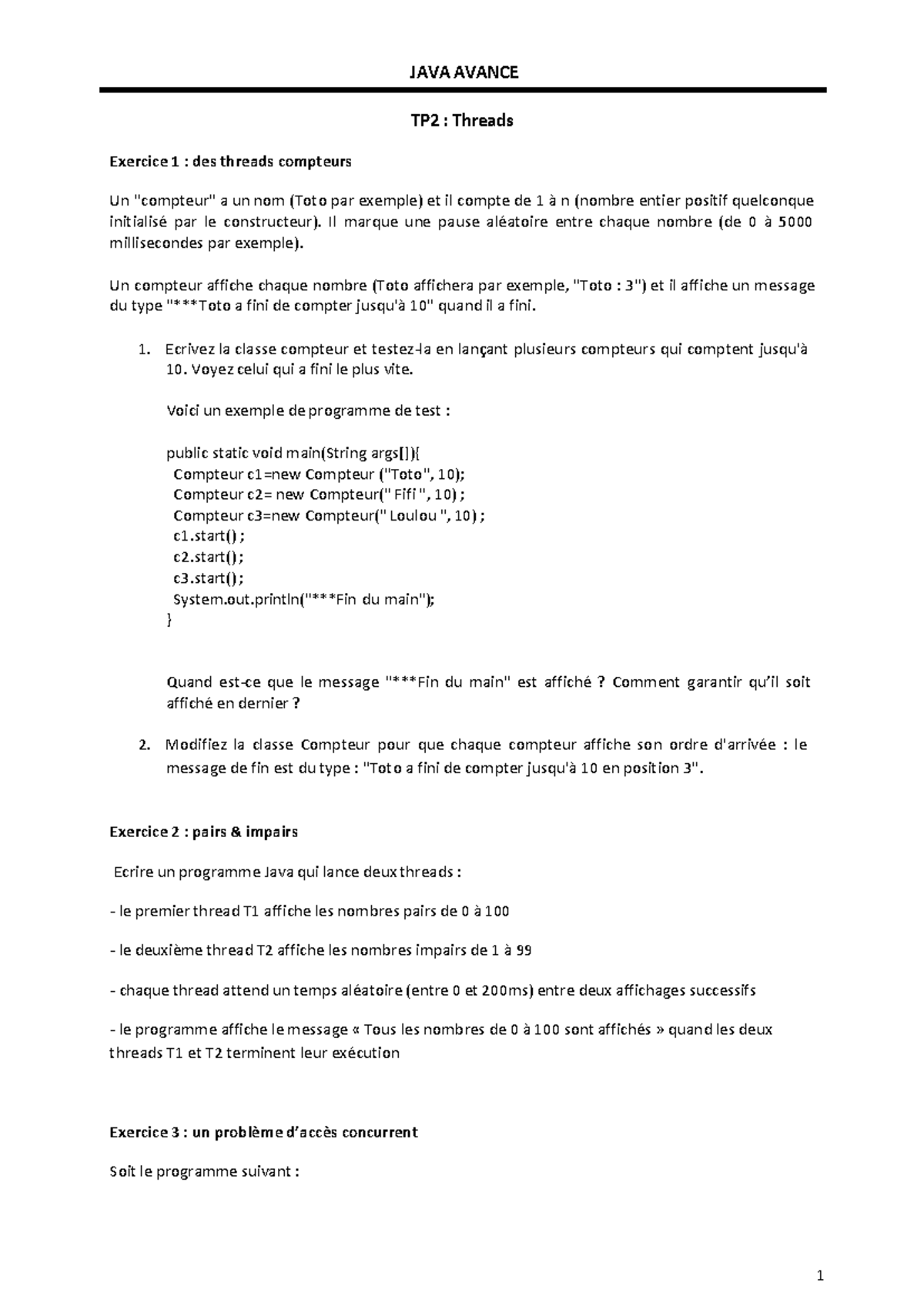 TP2: Threads en Java - Exercices Pratiques - Studocu