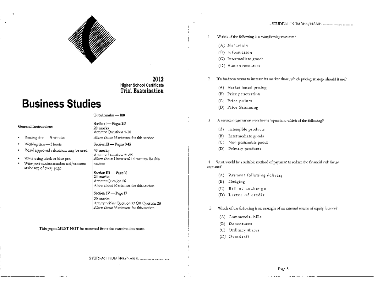 Business Studies AP4 2012 Trial Exam Questions and Answers - Studocu