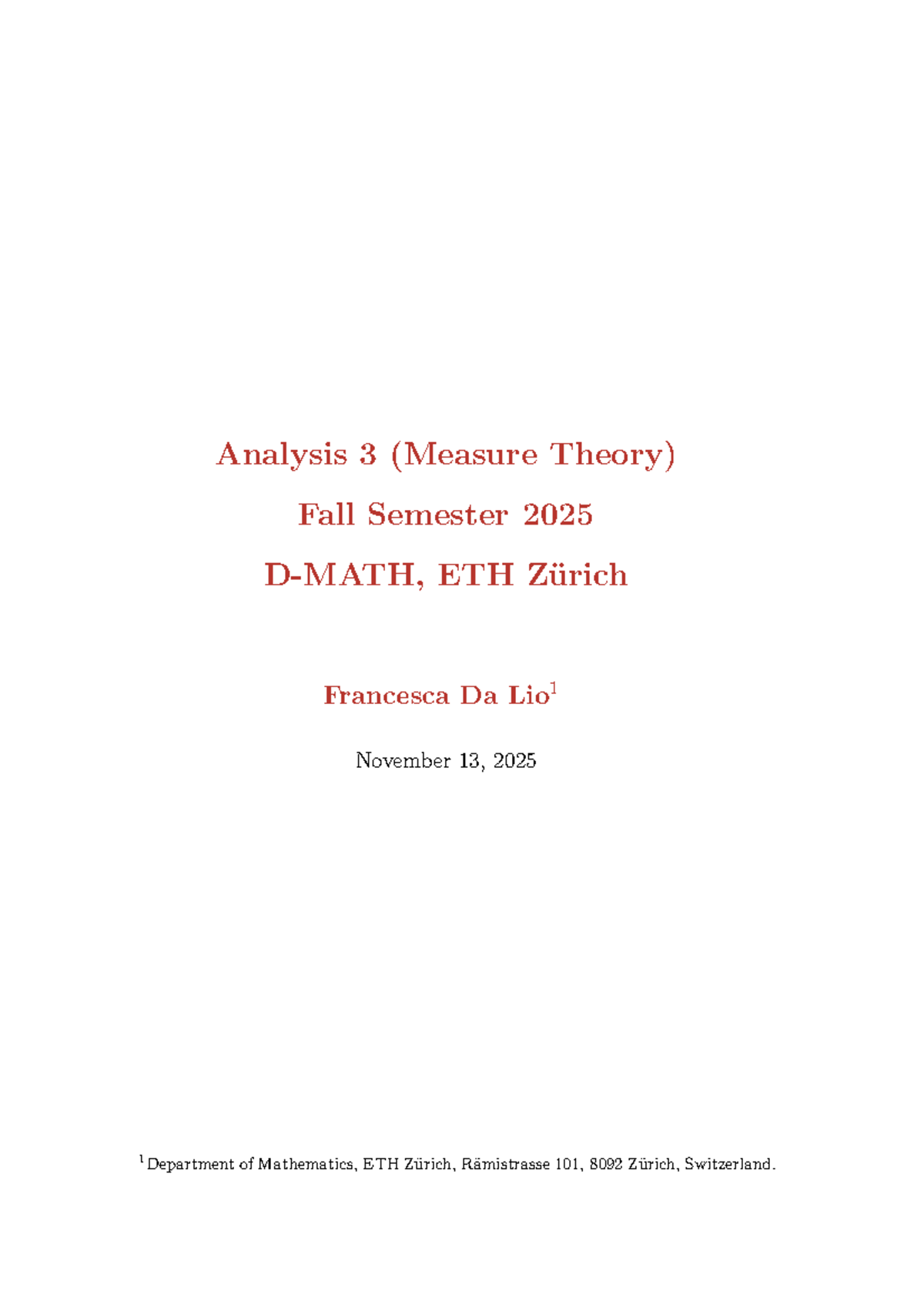Analysis 3 (Measure Theory) Lecture Notes - Fall 2025 ETH - Studocu