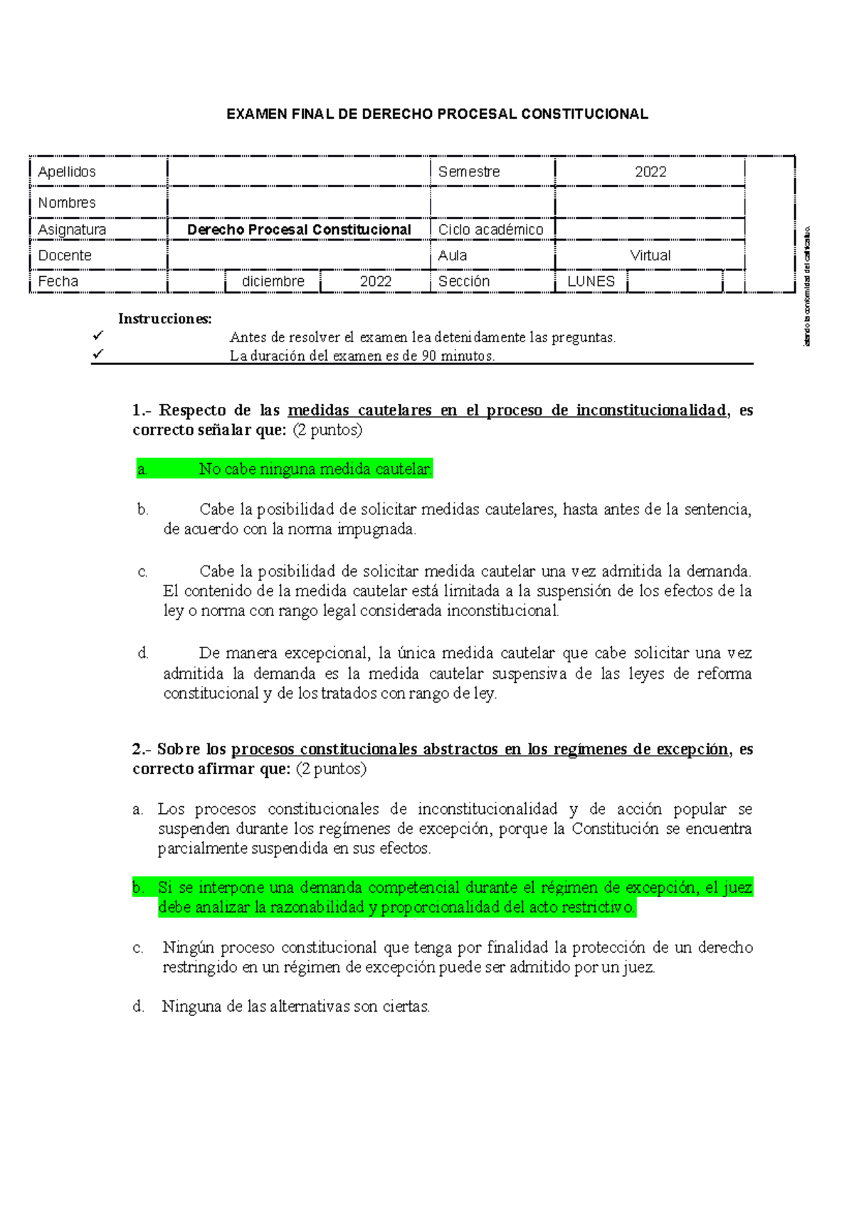 Examen Final - Derecho Procesal Constitucional 2022 - Studocu