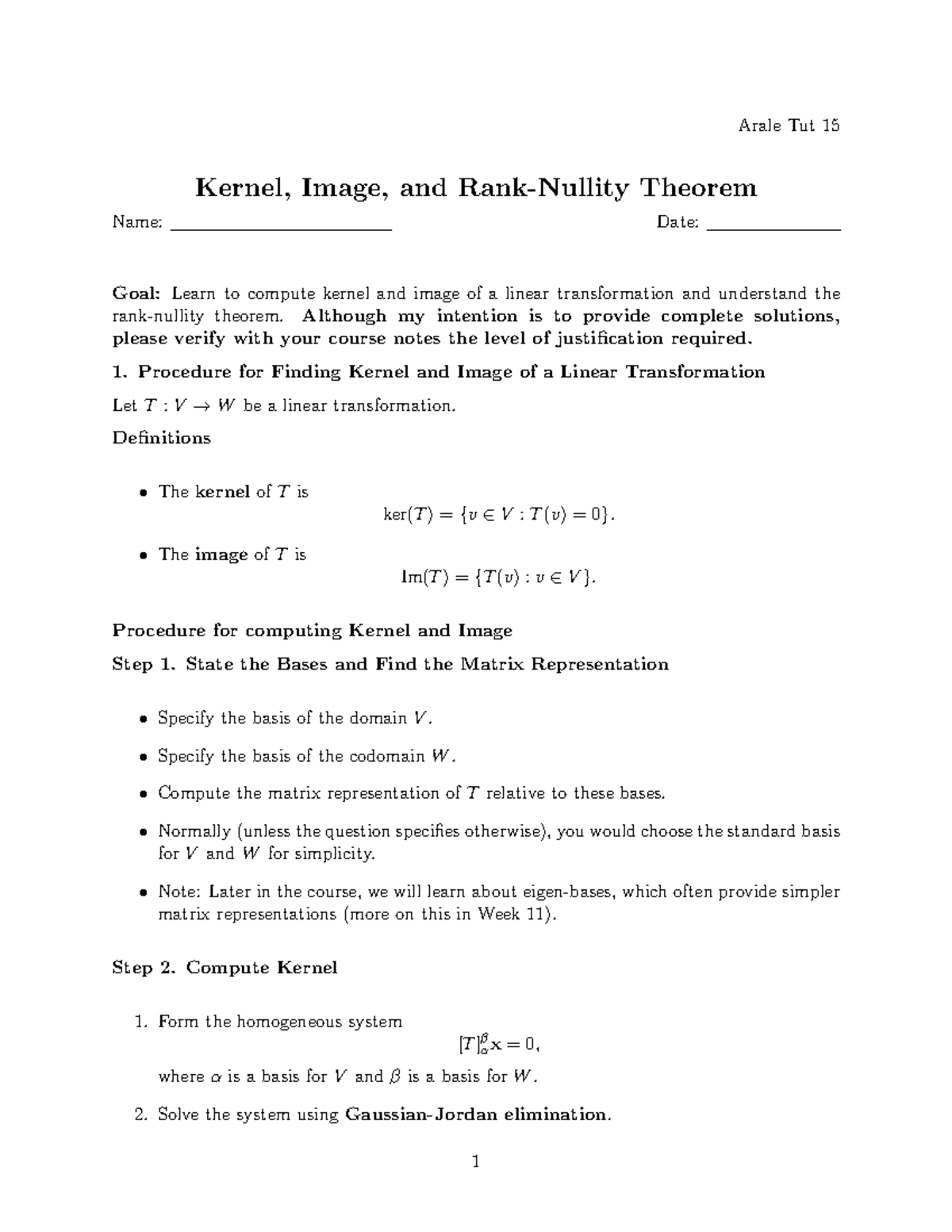 Kernels and Images in Linear Transformations - Tut 15 - Studocu