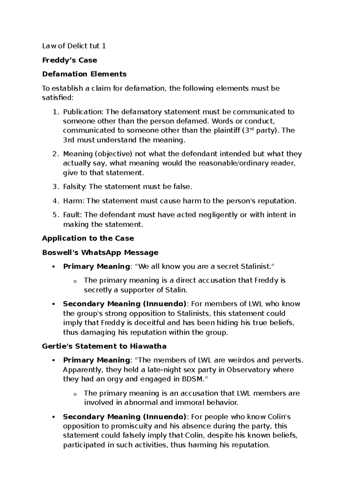Law of Delict Tut 1 - Case Study on Defamation Elements - Studocu