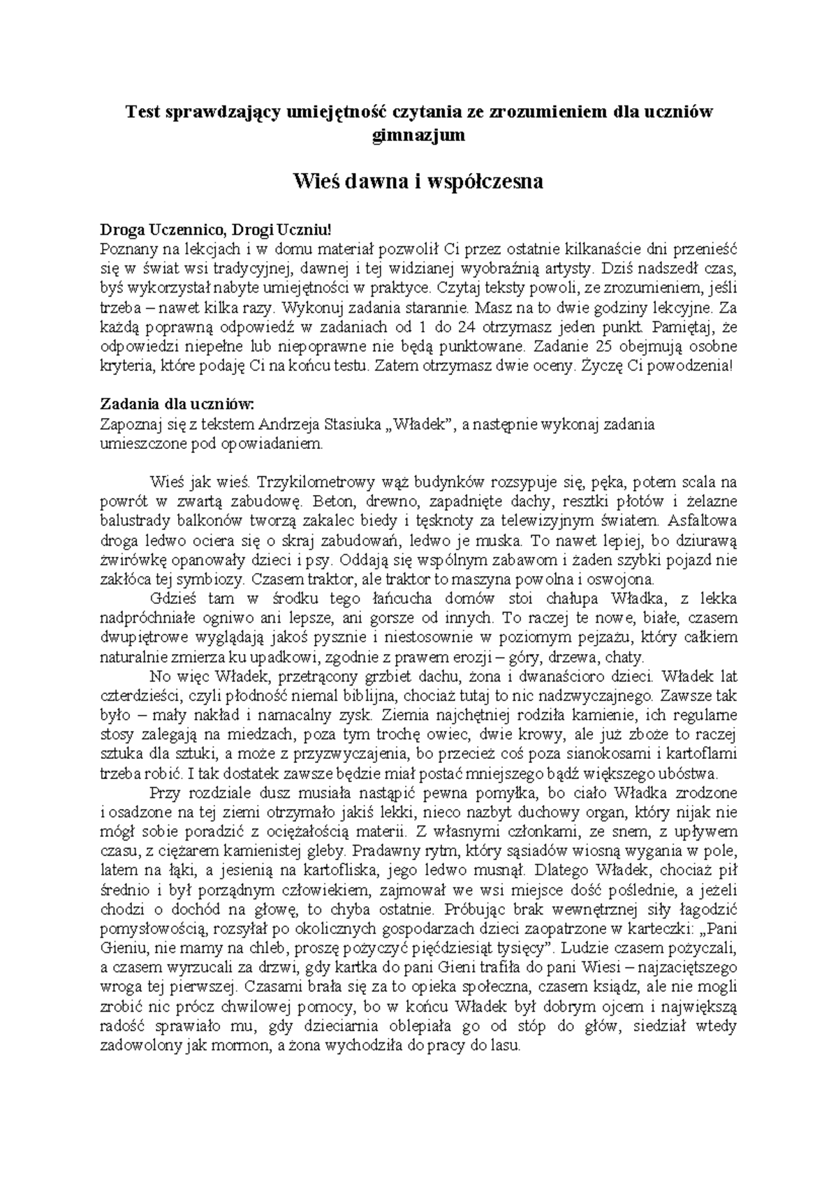 Czytanie ze zrozumieniem - Matura z Polskiego - Test dla gimnazjum