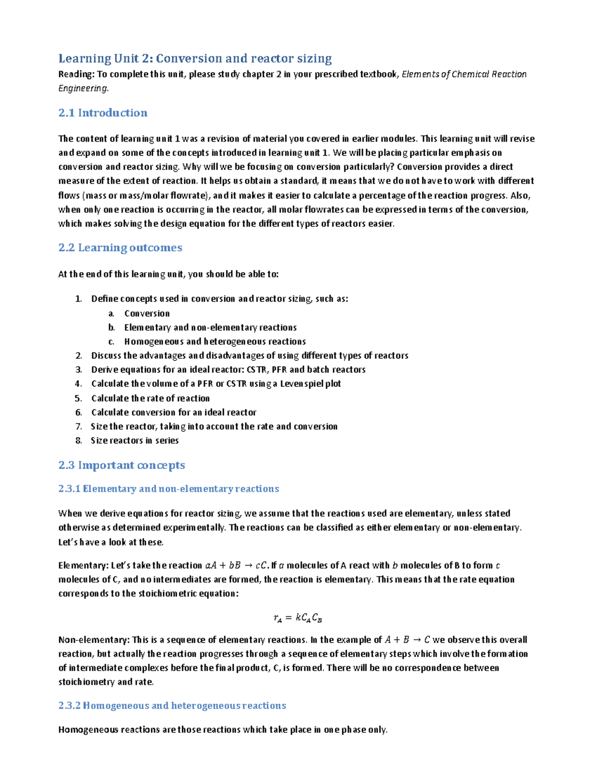 REE3701 BO LS05 002 - Reactor Sizing and Conversion Concepts - Studocu