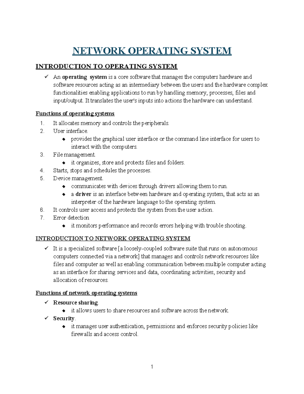 NOS - Class Notes: Introduction to Network Operating Systems - Studocu