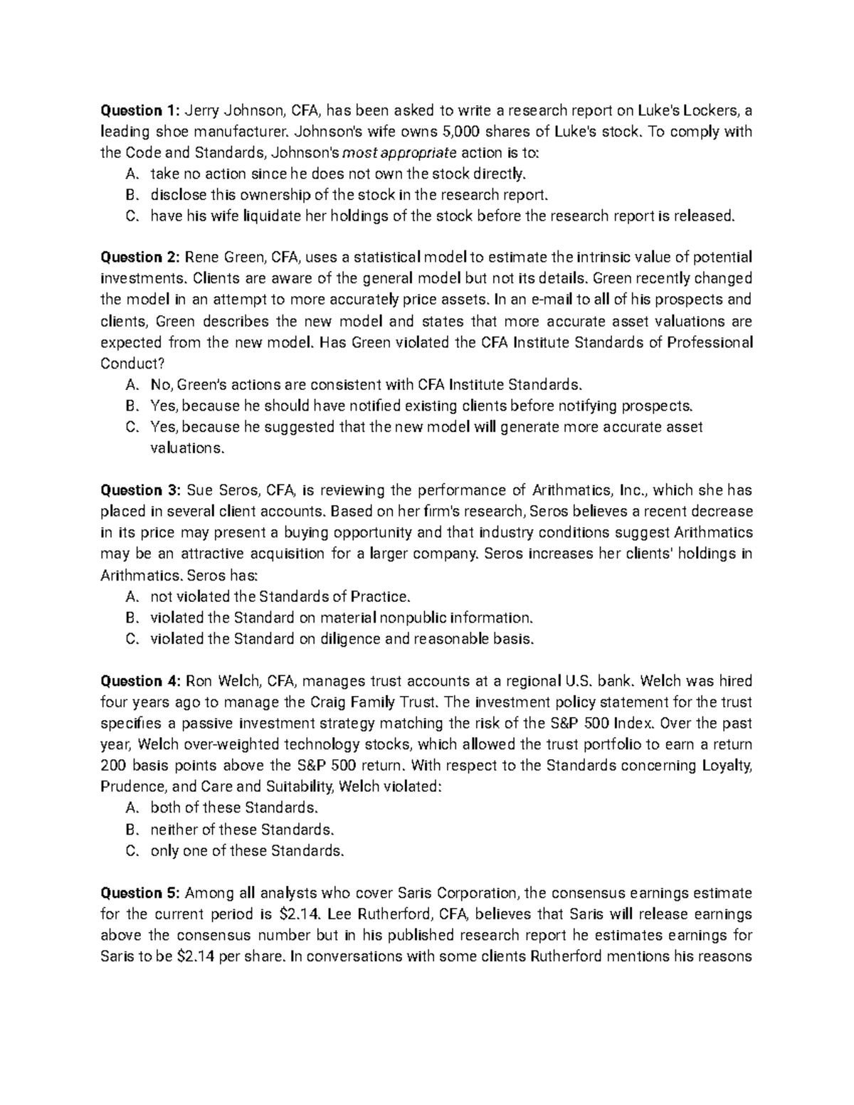CFA Standards Compliance Case Studies: Questions & Analysis - Studocu
