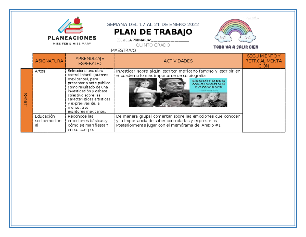 5° PLAN DE TRABAJO SEMANA 19: 17-21 ENERO 2022 ESCUELA PRIMARIA - Studocu
