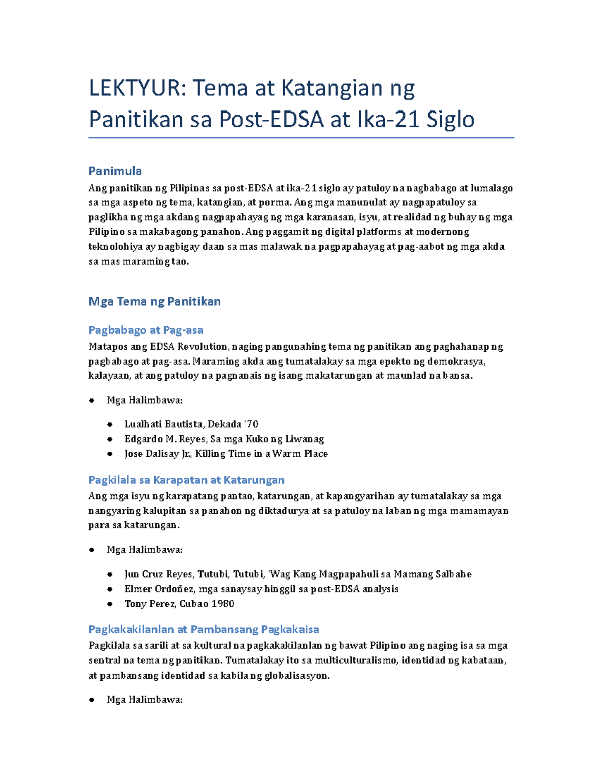 Pag-aaral ng Panitikan sa Post-EDSA at Ika-21 Siglo: Tema at Katangian ...