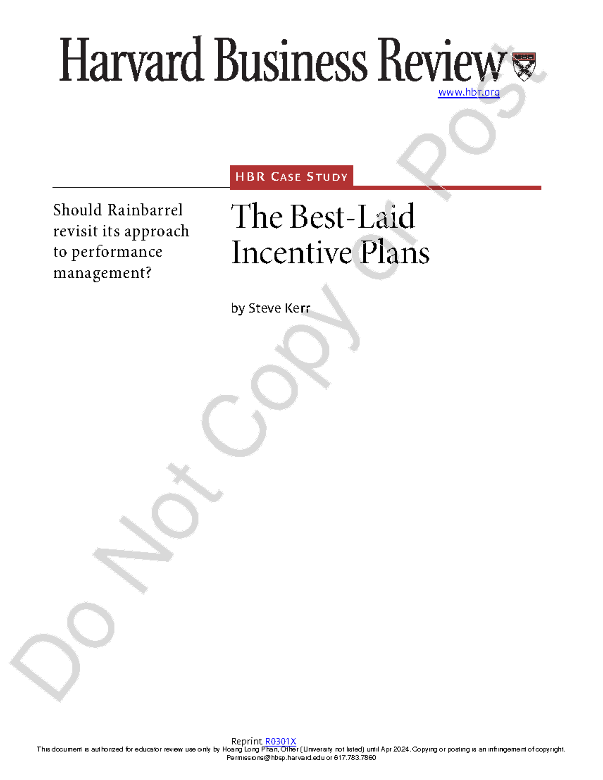 HBR Case Study: Revisiting Incentive Plans at Rainbarrel (R0301X) - Studocu