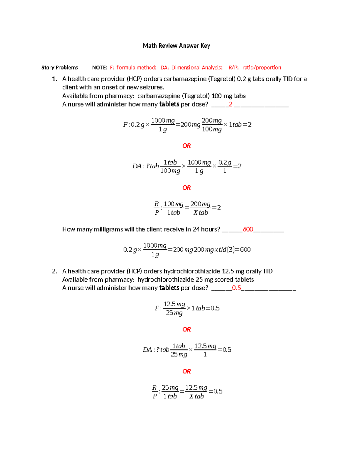 Math Review Final Exam Answer Key - Med Calculation Practice - Studocu
