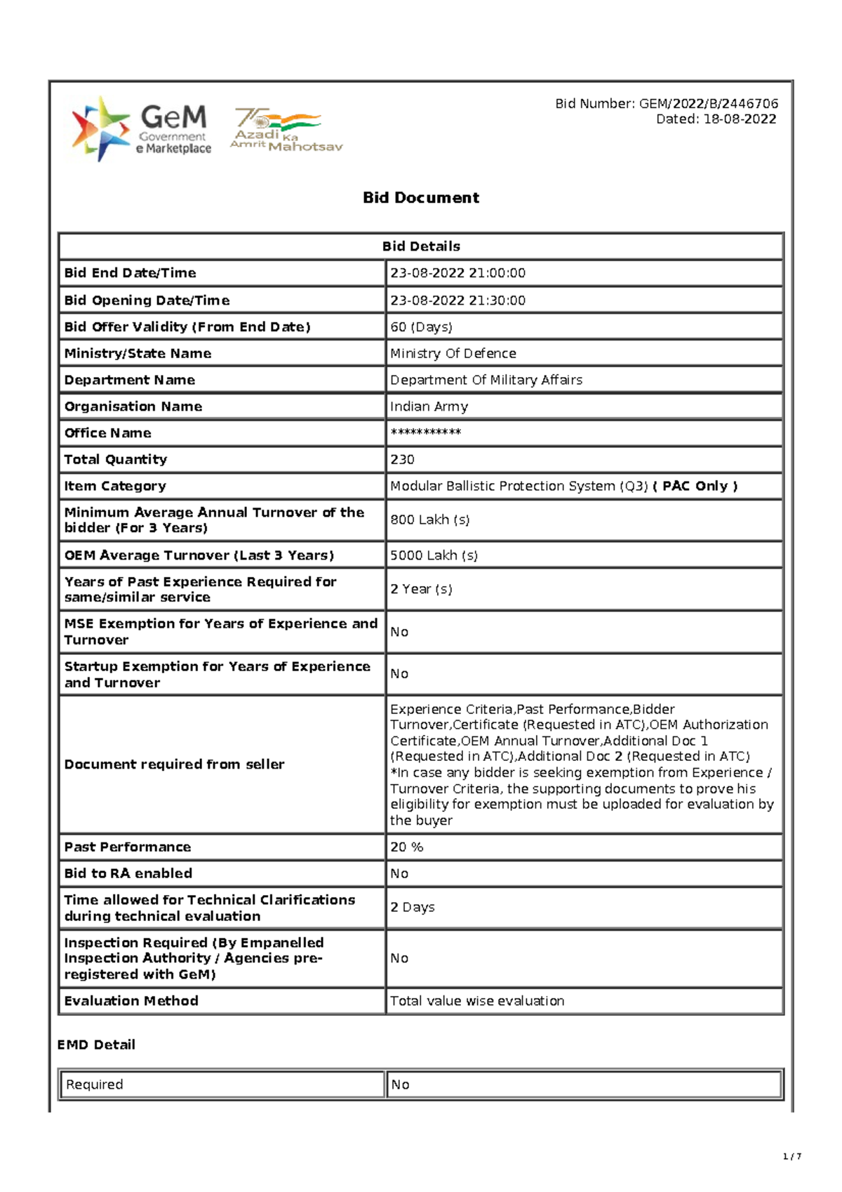 Bid Document for Modular Ballistic Protection System (Q3) - GeM 3692099 ...
