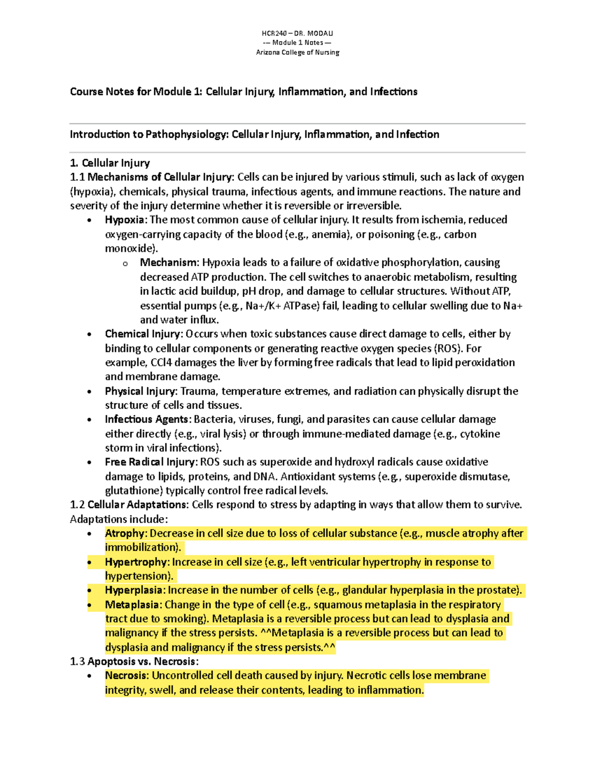 Module 1 Student Notes - Module 1 Notes - Arizona College of Nursing ...