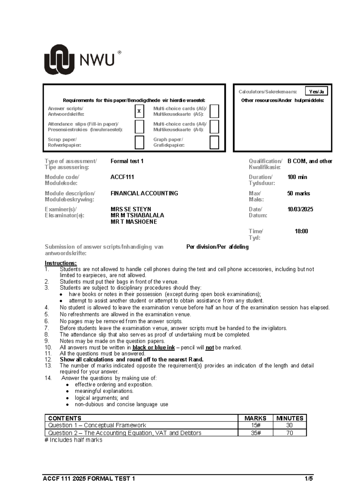 ACCF 111 2025 Formal Test 1: Financial Accounting Requirements and ...