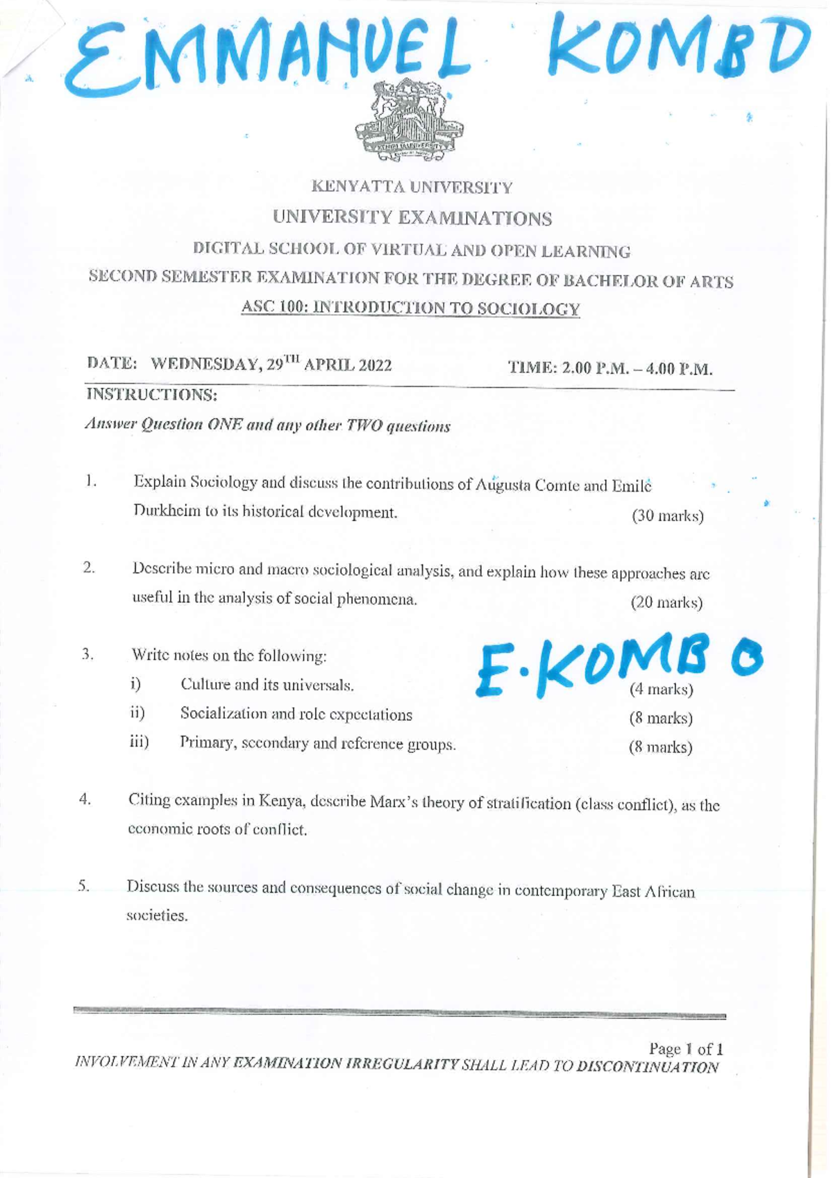 ASC 100: Intro to Sociology Exam Notes - Contributions & Analysis - Studocu