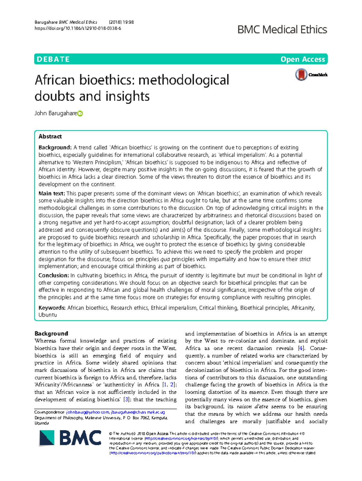 African Bioethics: Methodological Insights and Challenges (BMC Med ...