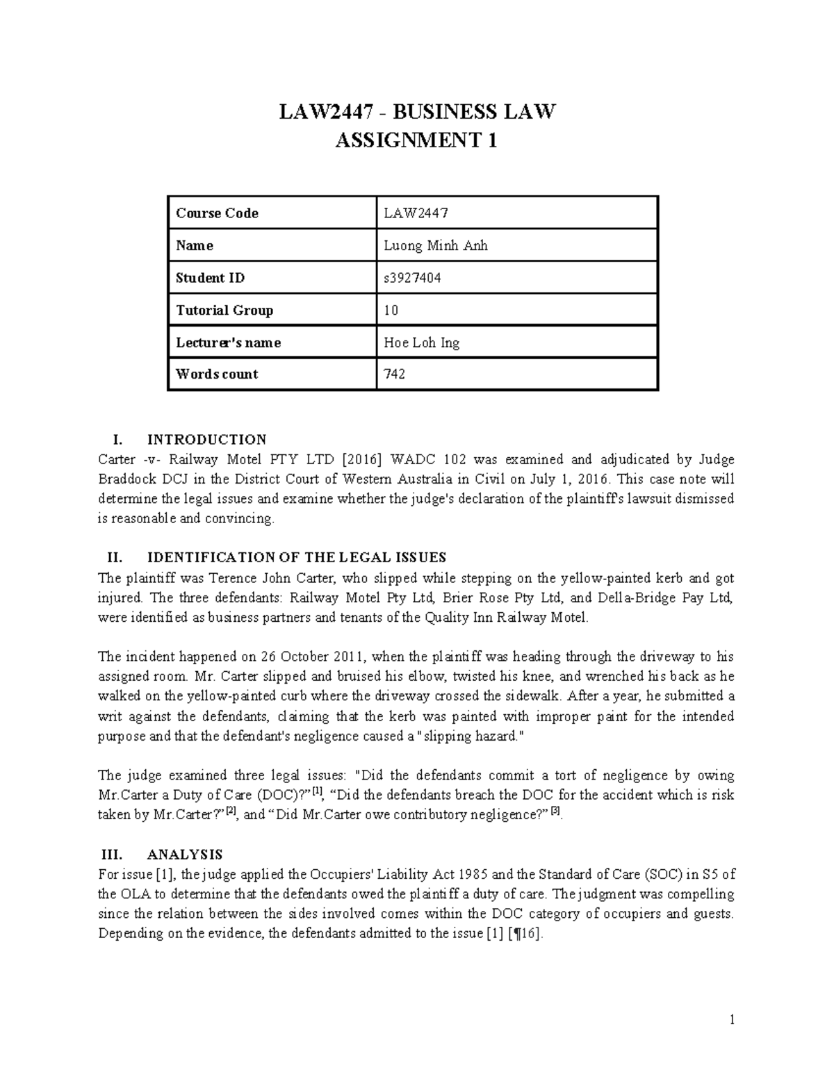 LAW2447 BUSINESS LAW ASSIGNMENT 1: Case Analysis of Carter Railway ...