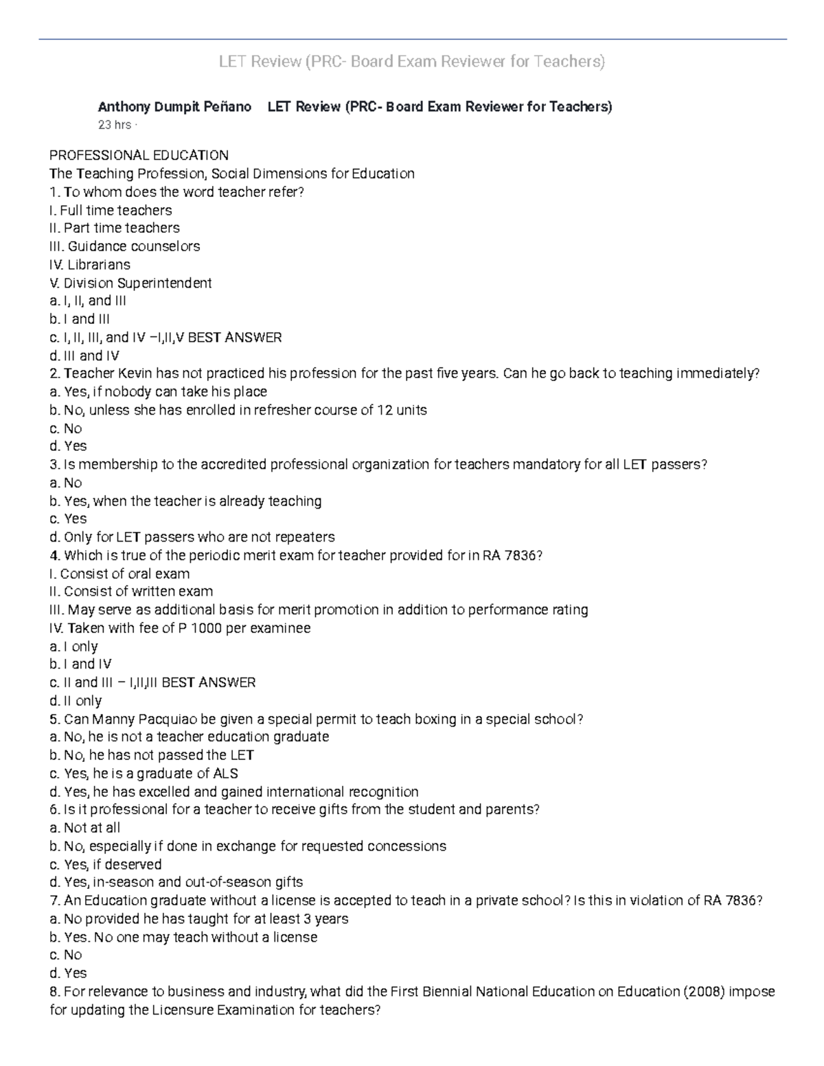 LET Review: Comprehensive Board Exam Reviewer for Teachers - Studocu