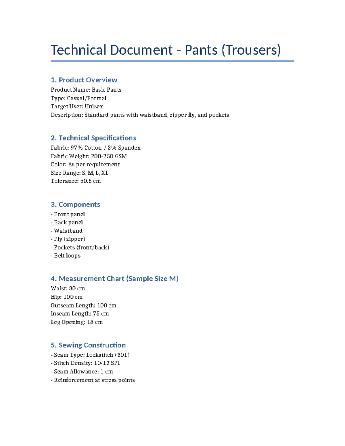 Technical Document: Unisex Basic Pants Overview & Specs - Studocu