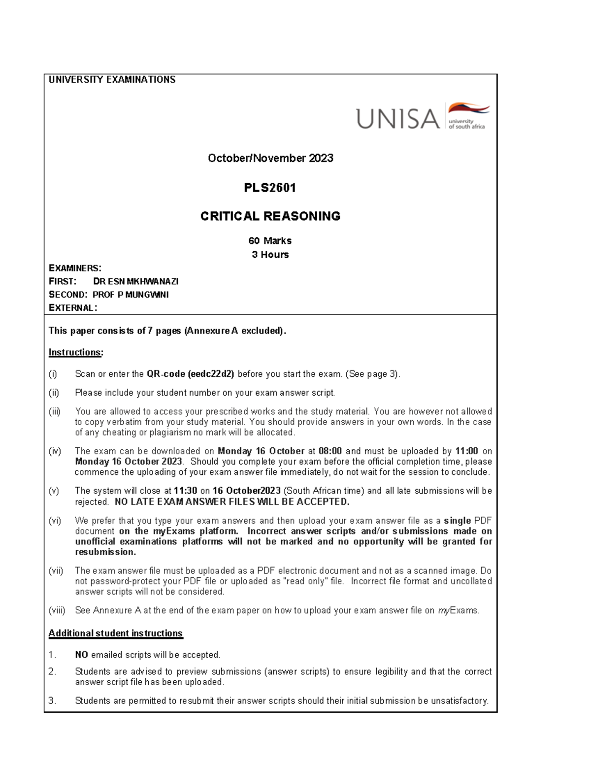 PLS2601 Oct-Nov 2023 Take-Home Exam: Critical Reasoning Paper - Studocu