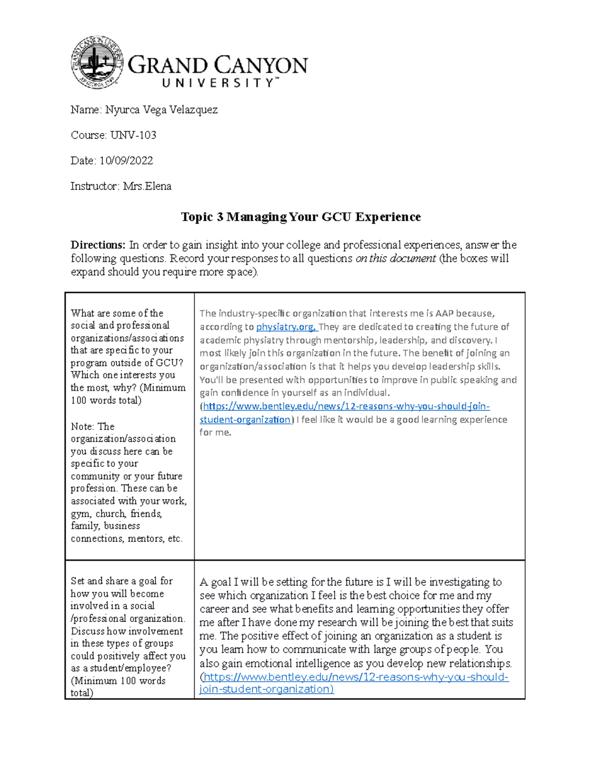 Unv 103 Rs T3 Insights On Managing Your Gcu Experience Studocu