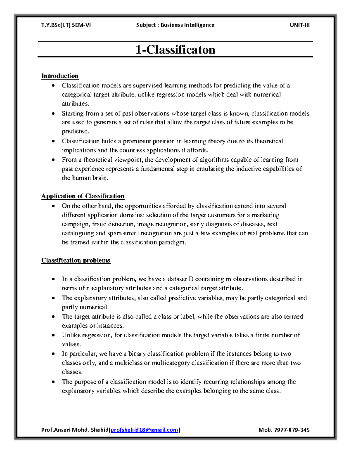 BI UNIT-03 Chapter 01: Overview of Classification Models - Studocu